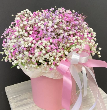 Монобукет из гипсофилы в шляпной коробке «Розовое облако»