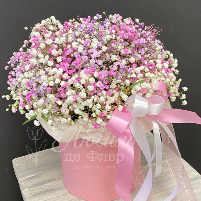 Монобукет из гипсофилы в шляпной коробке &laquo;Розовое облако&raquo;