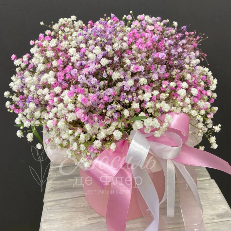 Монобукет из гипсофилы в шляпной коробке &laquo;Розовое облако&raquo;
