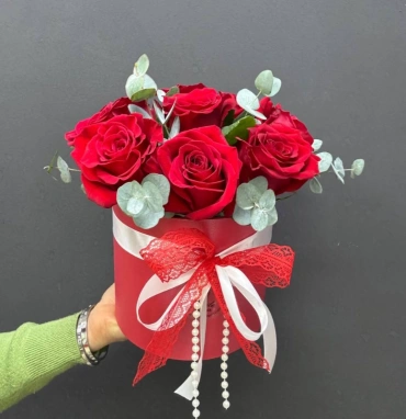 Композиция из красных роз в коробке «Роскошь»
